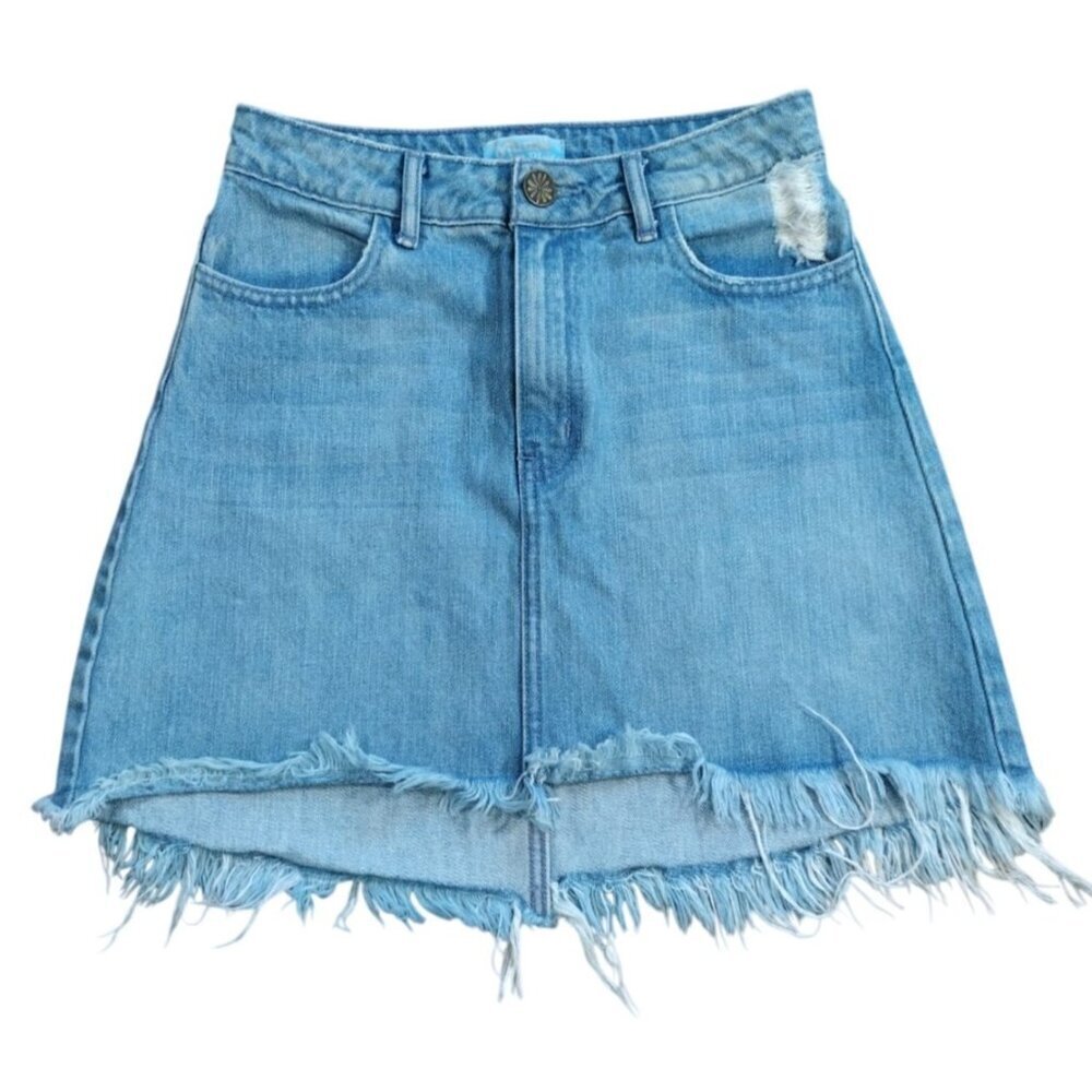 MUMU Blue A-Line Denim Skirt Size 25 Blue Frayed Hem 100% Cotton.